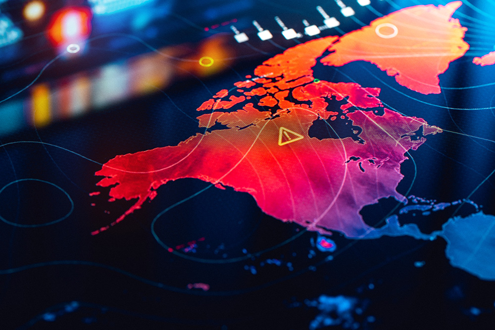 image of a map of North America with hazard triangles imposed over areas suggesting possible security risk