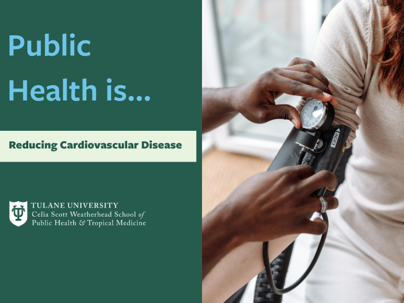 Hands inflating a blood pressure cuff on an arm, with school logo and text that reads Public Health is reducing cardiovascular disease