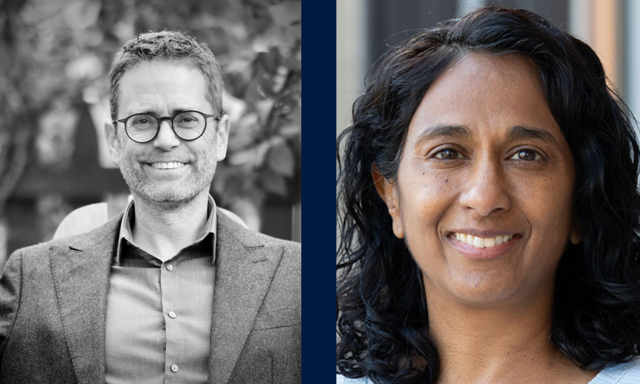 Richard MacLehose, smiling, in black and white on left, Shalini Kulasingam  on right.