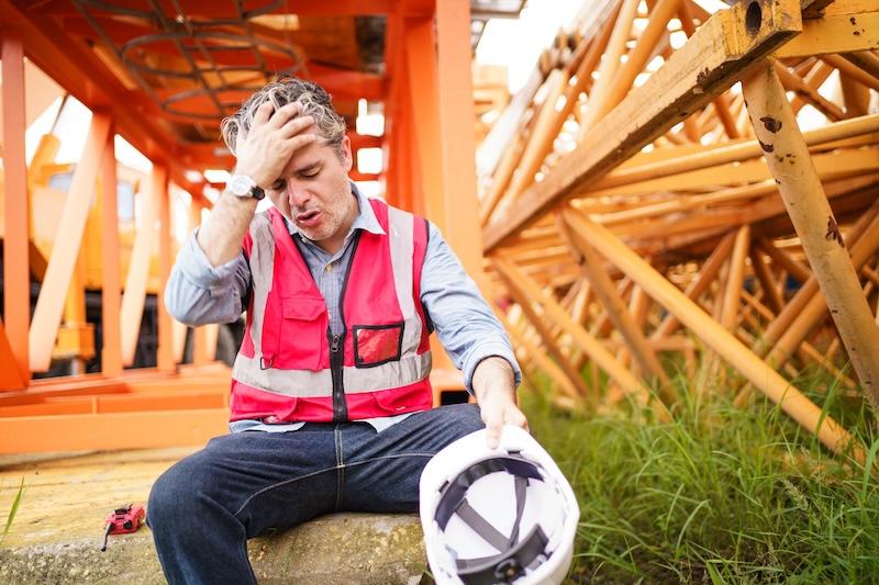 Distressed man in safety vest sits by orange crane, holding hard hat.