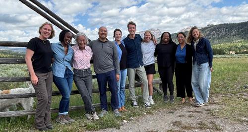 Dr Nancy Mock, third from right, stands in the great outdoors in Wyoming with students in the summer 2025 course