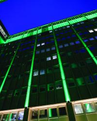 Exterior of building at twilight.